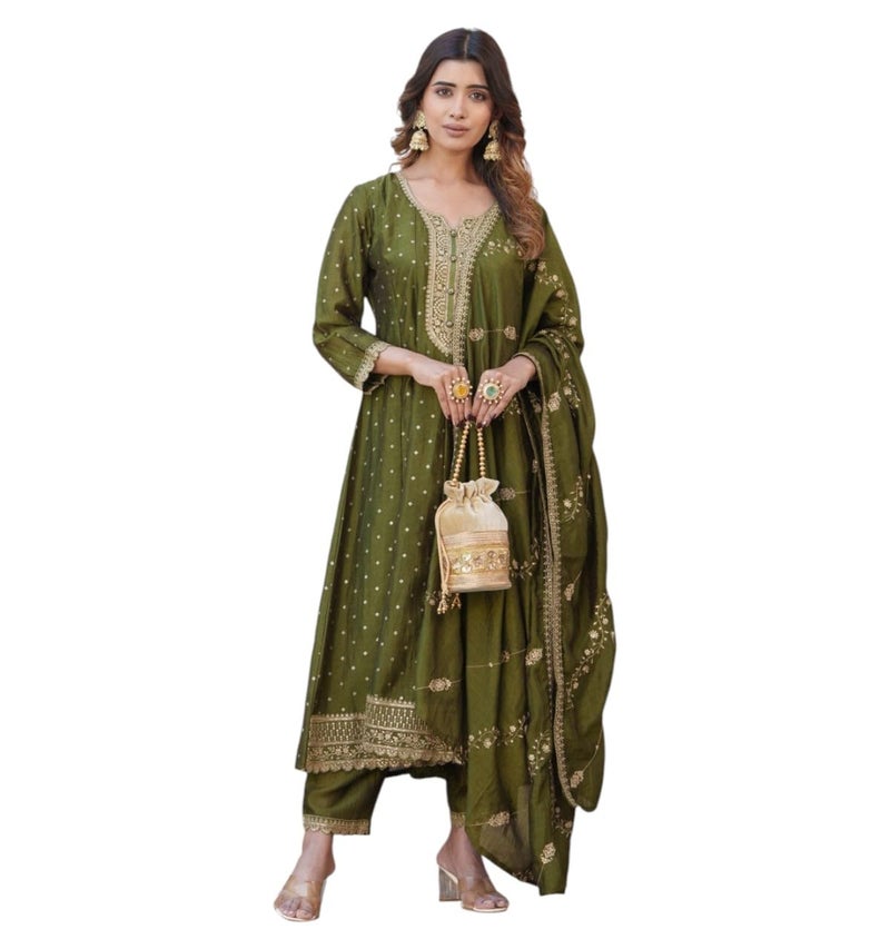 Kaari Women's Embroidered Kurti Set with Dupatta | Ethnic Suits with Embellished Dupatta | Everyday and Festive Kurti Set for Women|Mehdi|L - Image 1