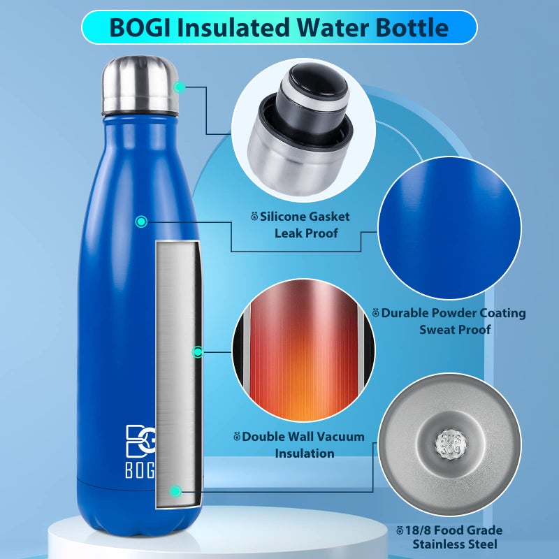 BOGI 17oz Insulated Water Bottle Double Wall Vacuum Stainless Steel Water Bottles, Leak Proof Metal Sports Water Bottle Keeps Drink Hot and Cold - Perfect for Outdoor Sports Camping Biking (Dblue) - Image 3