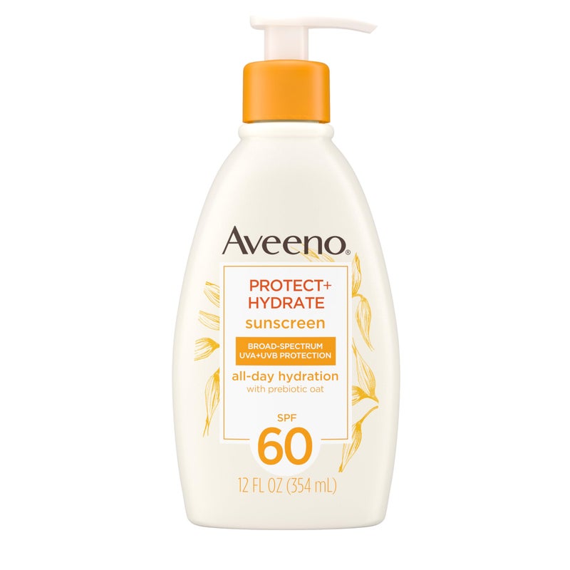 Aveeno Protect + Hydrate Sunscreen Moisturizing Lotion with Prebiotic Oat, Broad Spectrum SPF60, Paraben, & Oil Free, Weightless, Water & Sweat Resistant (80-min) for Sensitive Skin, 12 Fl Oz - Image 1