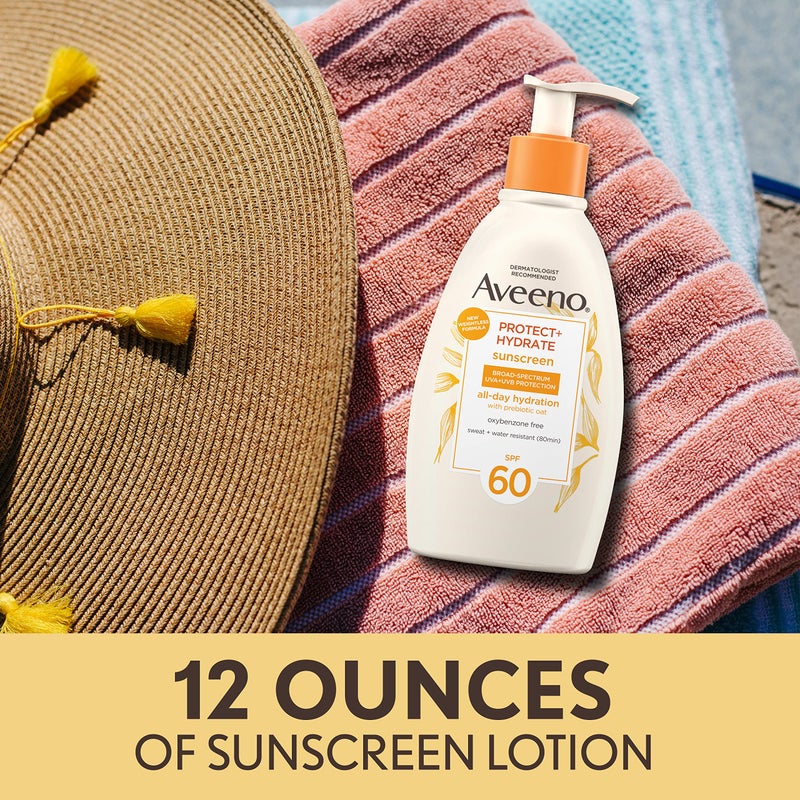 Aveeno Protect + Hydrate Sunscreen Moisturizing Lotion with Prebiotic Oat, Broad Spectrum SPF60, Paraben, & Oil Free, Weightless, Water & Sweat Resistant (80-min) for Sensitive Skin, 12 Fl Oz - Image 3