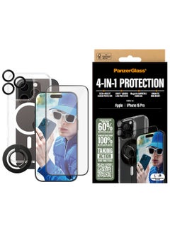 PanzerGlass® 4-in-1 Protection Bundle for iPhone 16 Pro, Magsafe compatible HardCase, Ultra-Wide Fit Screen Protector, HoopsTM camera lens Protector, Magnetic ring mount - with mounting aid for easy installation