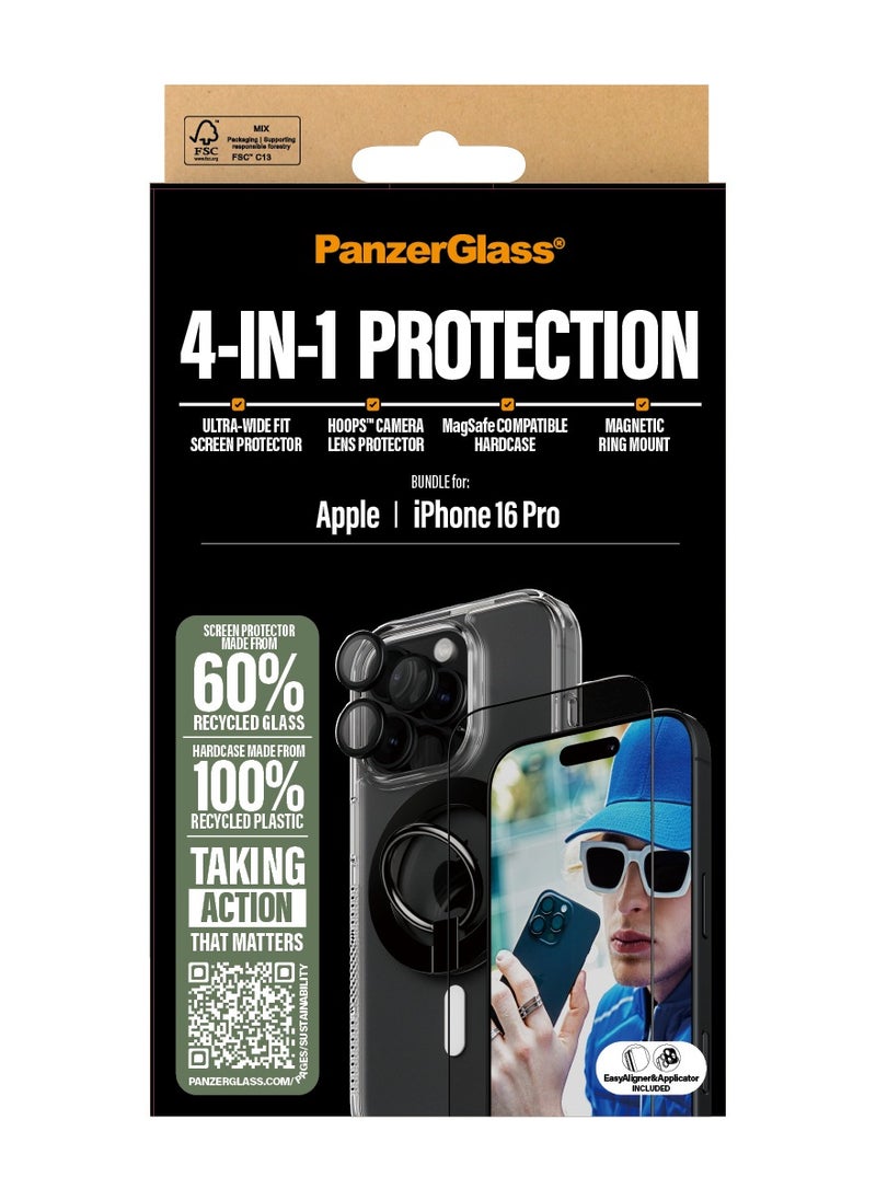 PanzerGlass - PanzerGlass® 4-in-1 Protection Bundle for iPhone 16 Pro, Magsafe compatible HardCase, Ultra-Wide Fit Screen Protector, HoopsTM camera lens Protector, Magnetic ring mount - with mounting aid for easy installation - Image 1