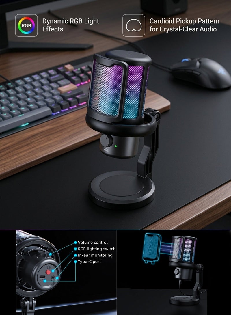 دراكلاو مايك ميكروفون ألعاب USB للكمبيوتر، ميكروفون مزود بضوء RGB، انقر فوق مستشعر كتم الصوت، التوصيل والتشغيل، مناسب للألعاب/البث المباشر/البودكاست/PS4/5/الكمبيوتر الشخصي/iPad، كتم الصوت - Image 2