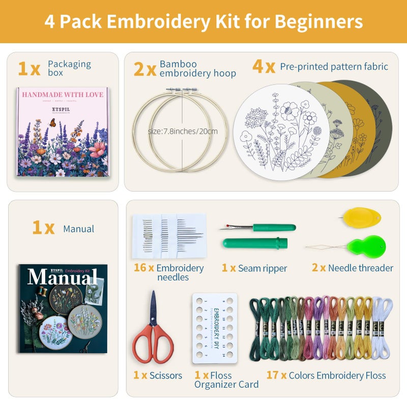 ETSPIL Embroidery Kit for Adults & Teens, 4-Pack Floral Samplers, 2 Adjustable Hoops, Pre-Printed Fabric, 17 Vibrant Threads, 16 Needles, Beginner-Friendly Stitch Guide & Video, DIY Craft Gift - Image 2