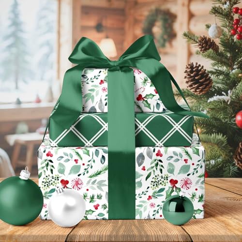LaRibbons Vintage Christmas Wrapping Paper Roll, Reversible Gift Wrap with Holly Leaves, Red Berries, Candy Cane & Green Plaid Design, Double-Sided Xmas Wrapping Paper for Holiday, Season Party, 17 inch x 33 feet - Image 5
