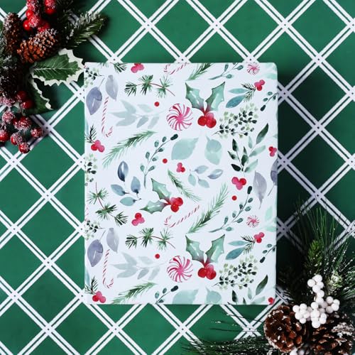 LaRibbons Vintage Christmas Wrapping Paper Roll, Reversible Gift Wrap with Holly Leaves, Red Berries, Candy Cane & Green Plaid Design, Double-Sided Xmas Wrapping Paper for Holiday, Season Party, 17 inch x 33 feet - Image 2
