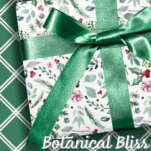 LaRibbons Vintage Christmas Wrapping Paper Roll, Reversible Gift Wrap with Holly Leaves, Red Berries, Candy Cane & Green Plaid Design, Double-Sided Xmas Wrapping Paper for Holiday, Season Party, 17 inch x 33 feet - Image 4