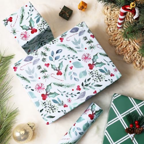LaRibbons Vintage Christmas Wrapping Paper Roll, Reversible Gift Wrap with Holly Leaves, Red Berries, Candy Cane & Green Plaid Design, Double-Sided Xmas Wrapping Paper for Holiday, Season Party, 17 inch x 33 feet - Image 3