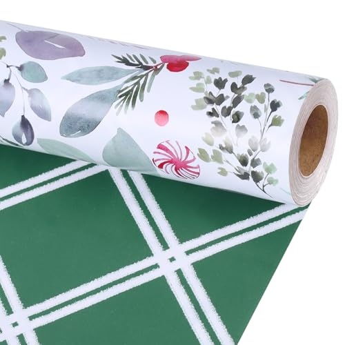 LaRibbons Vintage Christmas Wrapping Paper Roll, Reversible Gift Wrap with Holly Leaves, Red Berries, Candy Cane & Green Plaid Design, Double-Sided Xmas Wrapping Paper for Holiday, Season Party, 17 inch x 33 feet - Image 1
