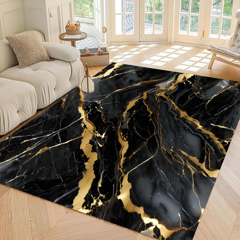 EDGZKO Marble Rugs for Living Room: 6x9 Feet Abstract Black and Gold Marble Area Rug Non Slip Washable Carpet Floor Mat for Bedroom Dorm Kitchen Classroom Dining Room Hallway - Image 1