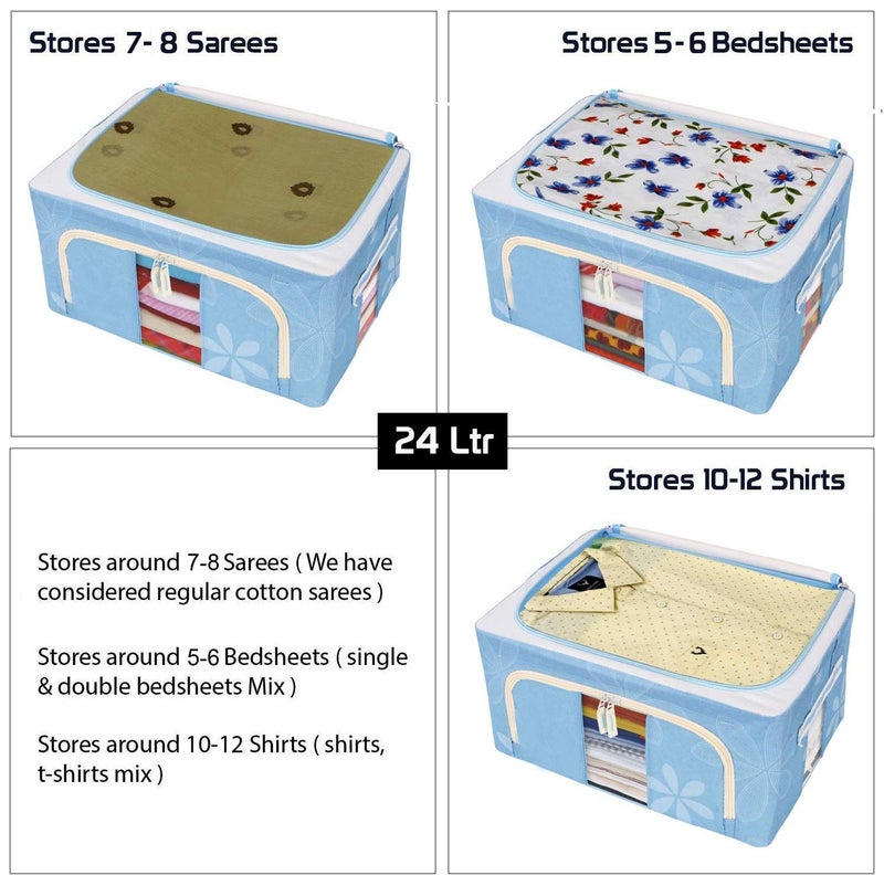 FLYNGO Foldable Steel Frame Clothes Organizer Storage Box For Wardrobe, Saree, Shirts, And Blankets (24 Ltr - Pack Of 2, Oxford Fabric), Blue - Image 4