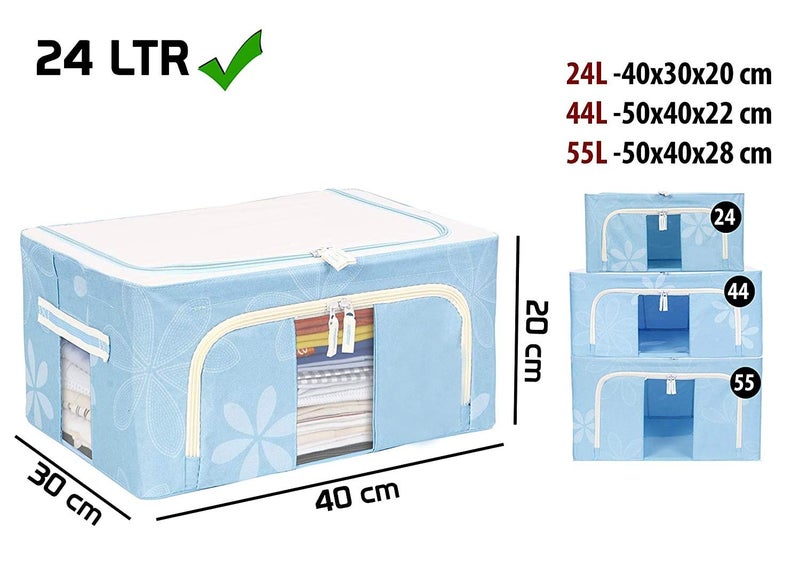 FLYNGO Foldable Steel Frame Clothes Organizer Storage Box For Wardrobe, Saree, Shirts, And Blankets (24 Ltr - Pack Of 2, Oxford Fabric), Blue - Image 2