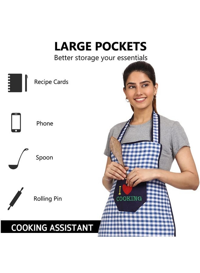 JMi Cotton Checkered Design Waterproof Apron with Multipurpose Front Large Embroidered Pocket Pack of 2 (BLUE RED) - Image 3