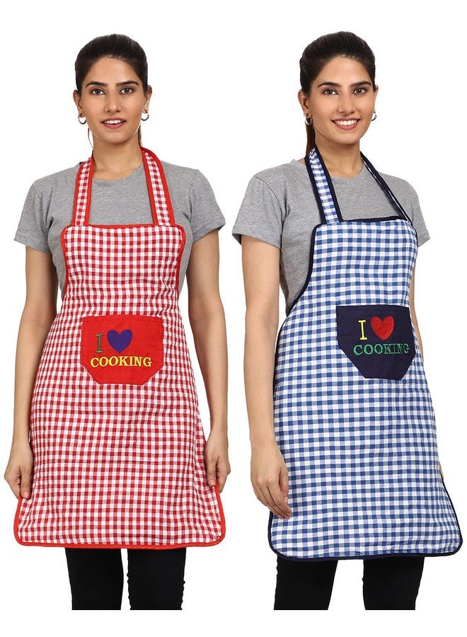 JMi Cotton Checkered Design Waterproof Apron with Multipurpose Front Large Embroidered Pocket Pack of 2 (BLUE RED) - Image 1