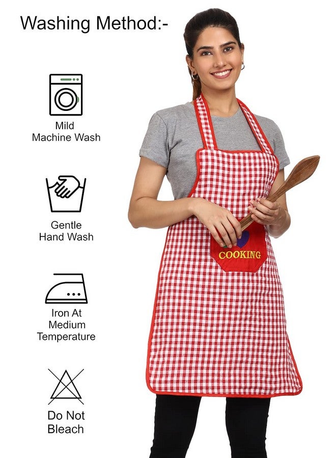JMi Cotton Checkered Design Waterproof Apron with Multipurpose Front Large Embroidered Pocket Pack of 2 (BLUE RED) - Image 2
