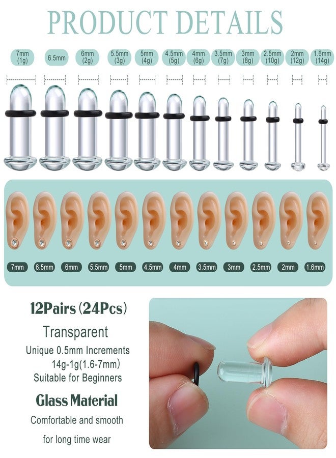 GEMQUEEN 24 PCS Glass Ear Stretching Kit Comfy Ear Gauges Tunnels Plugs Dead Stretching Kit with Rubber O-Rings Single Flare Unique 0.5mm Increments Hypoallergenic Domed Body Piercing Jewelry 14G-1G - Image 2