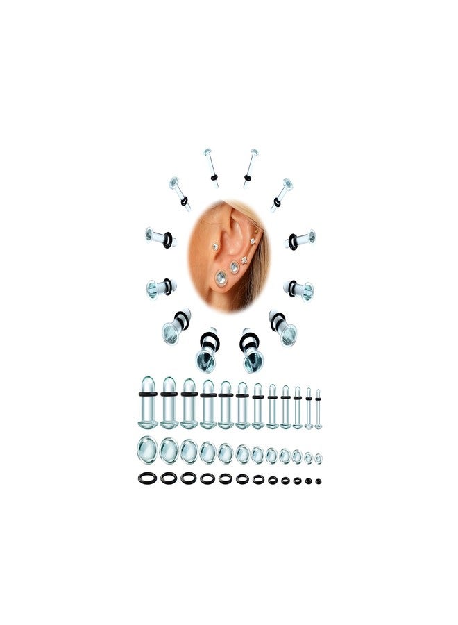 GEMQUEEN 24 PCS Glass Ear Stretching Kit Comfy Ear Gauges Tunnels Plugs Dead Stretching Kit with Rubber O-Rings Single Flare Unique 0.5mm Increments Hypoallergenic Domed Body Piercing Jewelry 14G-1G - Image 1