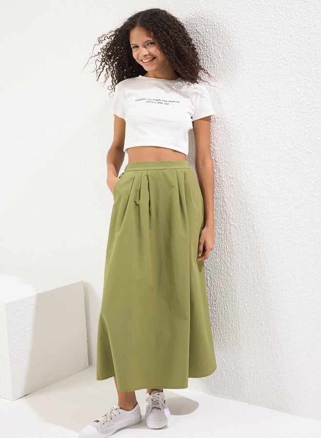 trendyol Khaki Pleat Detail Maxi Length Woven Skirt  - Image 2