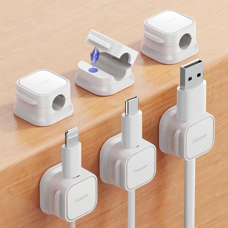 Picozon 6 Pack Magnetic Cable Clip Organizer Cord Holder, Adhesive Cable Management, Wire Phone USB Charger Cable Holder Keeper Organizer for Car, Office Home Desktop, Wall, Night Table - White - Image 1