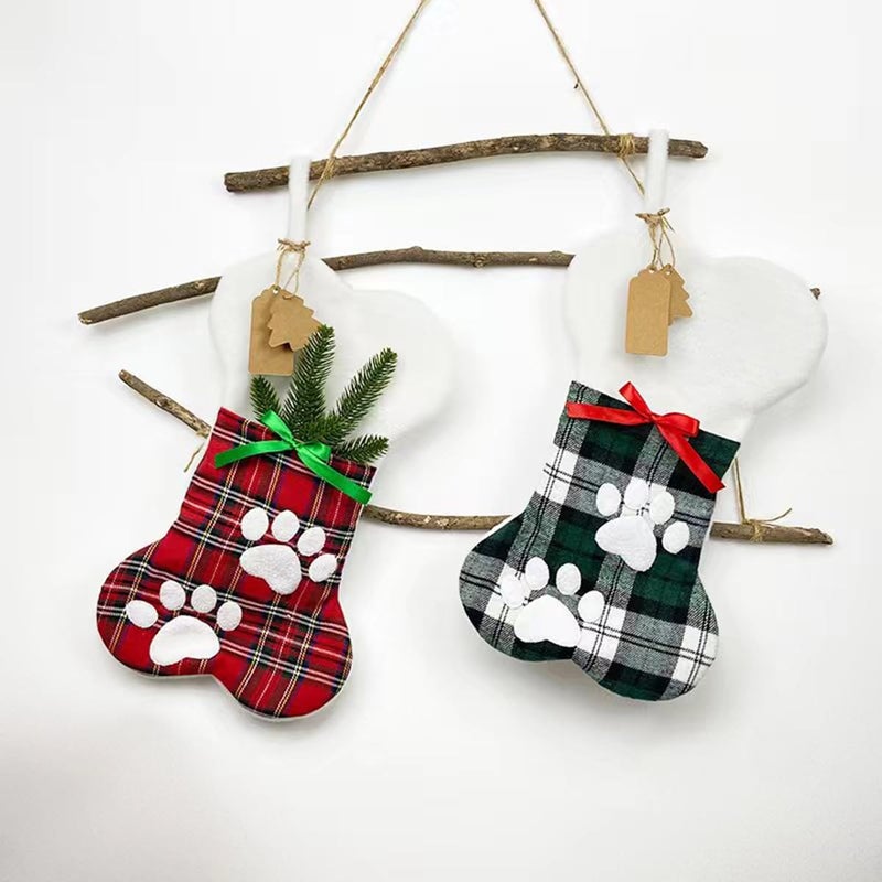 SherryDC Cat Bone Christmas Stockings, Plush & Plaid Hanging Socks for Holiday and Christmas Decorations - Image 2