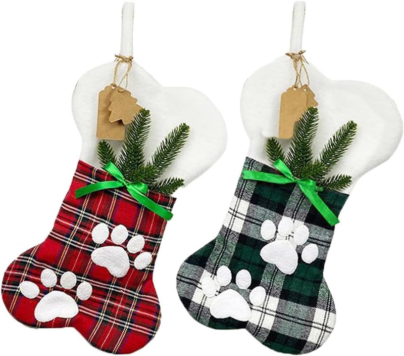 SherryDC Cat Bone Christmas Stockings, Plush & Plaid Hanging Socks for Holiday and Christmas Decorations - Image 1
