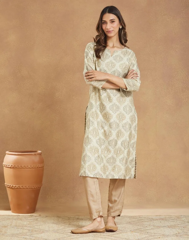 Fabindia Natural Cotton Silk Hand Block Printed Long Kurta