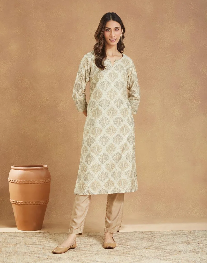 Fabindia Natural Cotton Silk Hand Block Printed Long Kurta