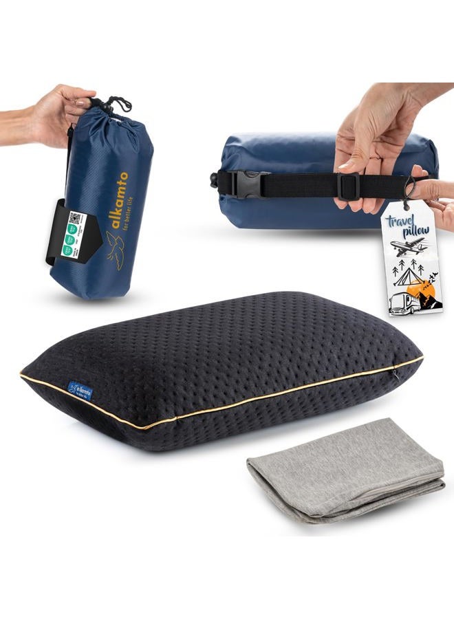 alkamto Travel & Camping Comfortable Memory Foam Pillow with Extra Cotton Cover – Easy to Carry Portable Bag – Temperature Regulating Pillow Case - Perfect for Travelling/Fishing/Backpacking/Hiking - Image 1