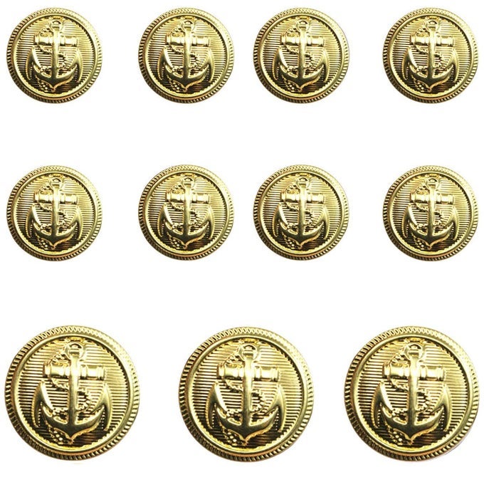 11 PIECES METAL BLAZER BUTTON SET NAVAL ANCHOR CREST FOR BLAZER SUITS SPORT COAT UNIFORM JACKET GOLD 15MM 20MM
