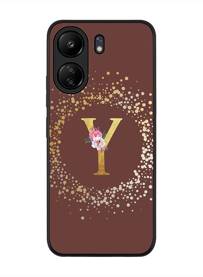 Stylizedd Rugged Black Edge Case for Xiaomi Redmi 13C 4G, Slim fit Case Cover Custom Monogram Initial Letter Floral Pattern Alphabet - Y (Brown) - Image 1