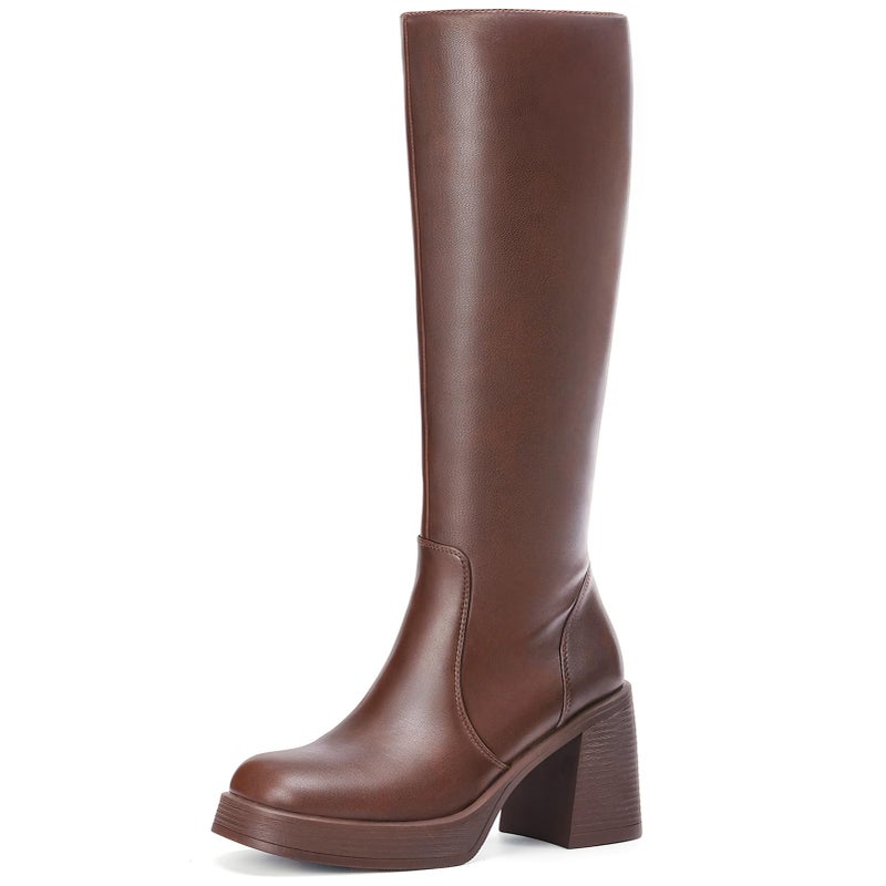 Choiran Brown Knee High Boots for Women - Platform Tall Boots Square Toe Chunky Block Heeled Gogo Boots BRN 8 - Image 1