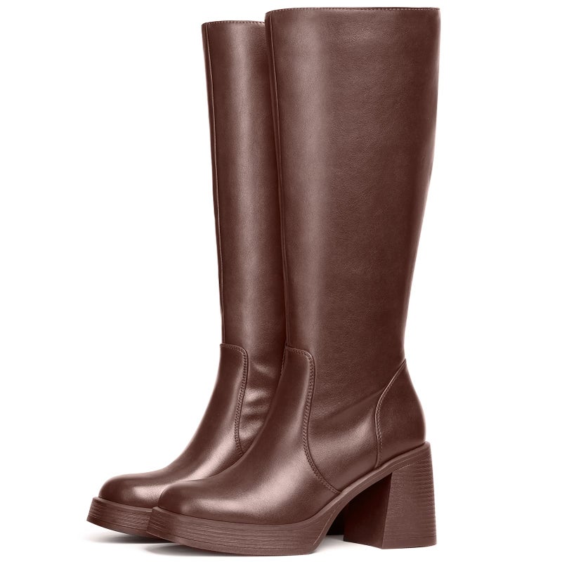 Choiran Brown Knee High Boots for Women - Platform Tall Boots Square Toe Chunky Block Heeled Gogo Boots BRN 8 - Image 5
