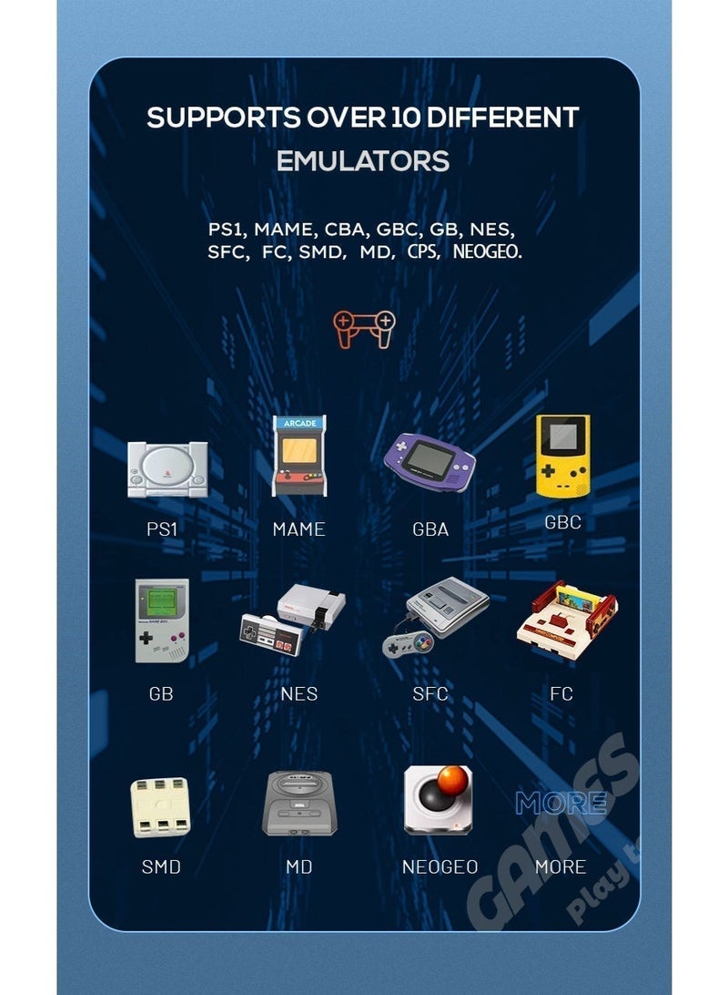 كونسول Project X للألعاب الكلاسيكية المحمولة، مزود بشاشة IPS عالية الوضوح مقاس 4.3 بوصة، ويحتوي على أكثر من 20,000 لعبة مدمجة، يدعم إخراج الصورة عبر HDMI إلى التلفزيون، ويوفر عمر بطارية يصل إلى 5 ساعات، وهو نظام ألعاب كلاسيكي محمول عملي. - Image 5