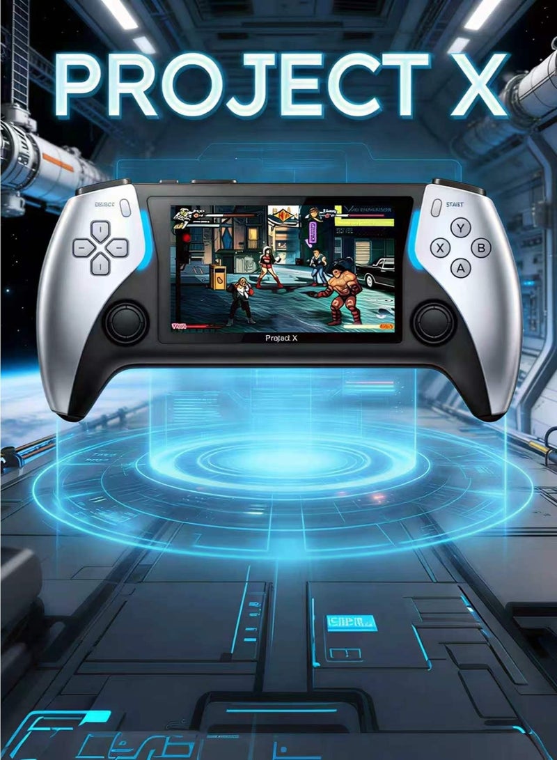 كونسول Project X للألعاب الكلاسيكية المحمولة، مزود بشاشة IPS عالية الوضوح مقاس 4.3 بوصة، ويحتوي على أكثر من 20,000 لعبة مدمجة، يدعم إخراج الصورة عبر HDMI إلى التلفزيون، ويوفر عمر بطارية يصل إلى 5 ساعات، وهو نظام ألعاب كلاسيكي محمول عملي. - Image 2
