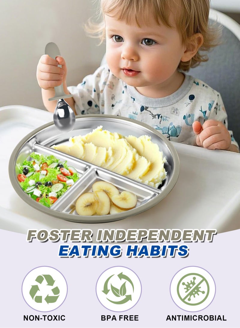 هومار كيت طقم من قطعتين من أطباق شفط الأطفال المصنوعة من الفولاذ المقاوم للصدأ، ومجموعتين من الملاعق والشوك، وأدوات تغذية الأطفال الصغار، وأطباق مقسمة لمستلزمات الفطام الذاتي للطفل، خالية من مادة BPA (أزرق/جوزي) - Image 3