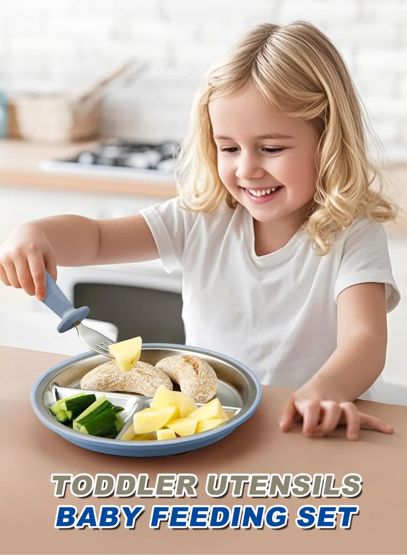 هومار كيت طقم من قطعتين من أطباق شفط الأطفال المصنوعة من الفولاذ المقاوم للصدأ، ومجموعتين من الملاعق والشوك، وأدوات تغذية الأطفال الصغار، وأطباق مقسمة لمستلزمات الفطام الذاتي للطفل، خالية من مادة BPA (أزرق/جوزي) - Image 5