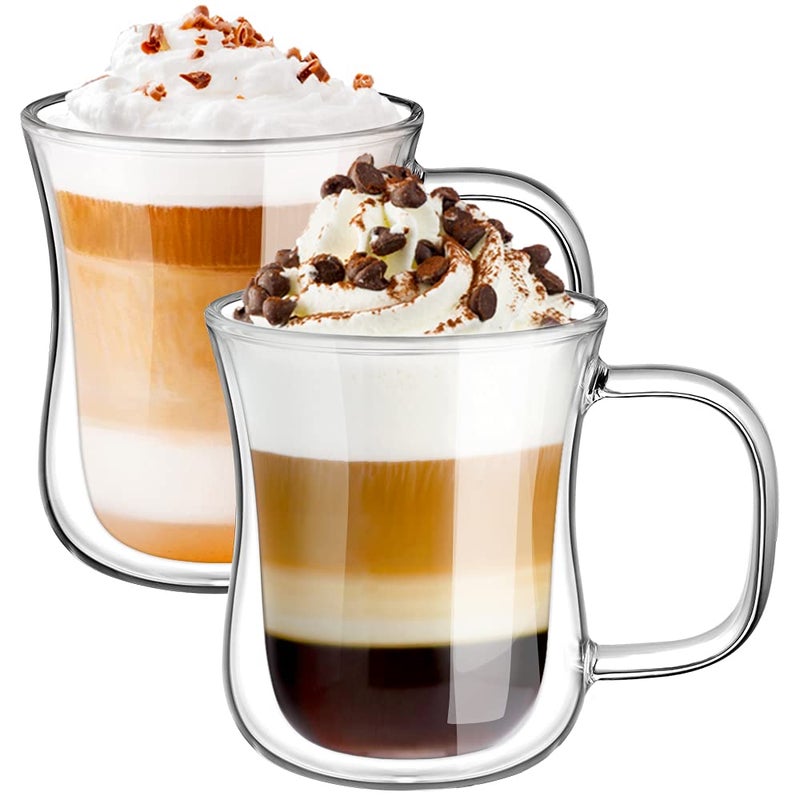 ecooe 2x240ml Double Walled Coffee Glasses Mugs Cappuccino Latte Macchiato Glasses Cups with Handle Borosilicate Heat Resistant Glass Cups for Coffee Tea Milk Juice Ice Cream