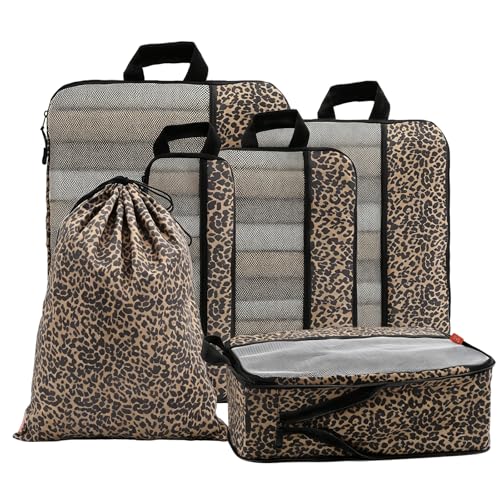 U+U UU 6 Set Compression Packing Cubes Ultralight Travel Organizers with Laundry Bag SpaceSaving Suitcase Organizer Expandable Packing Cubes for Travel Business Trip and Family Vacation Leopard - Image 1