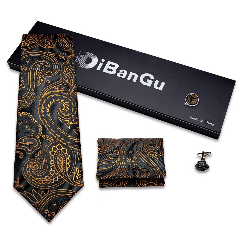 DiBanGu Mens Tie Set Silk Solid Paisley Necktie and Pocket Square Cufflinks Classic Formal Ties for Men Wedding Party, Black and Gold - Image 4