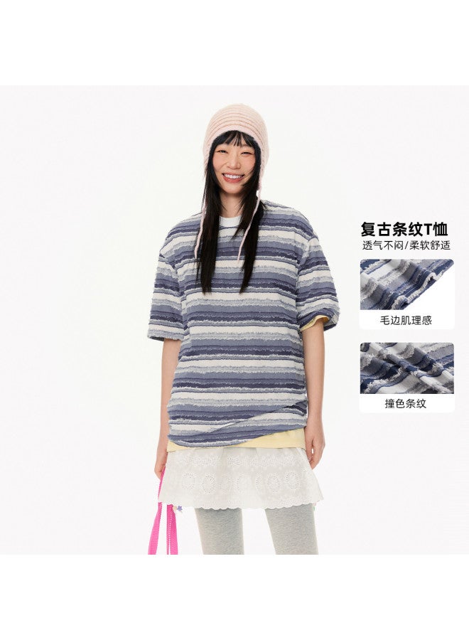 EPTISON retro Frayed-edge Textured Drop-shoulder Comfort Striped Women's Short Sleeve T-shirt - Vibrant Summer Essential - Image 2