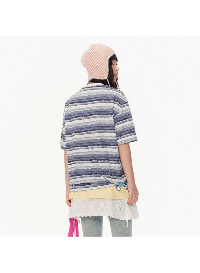 EPTISON retro Frayed-edge Textured Drop-shoulder Comfort Striped Women's Short Sleeve T-shirt - Vibrant Summer Essential - Image 5