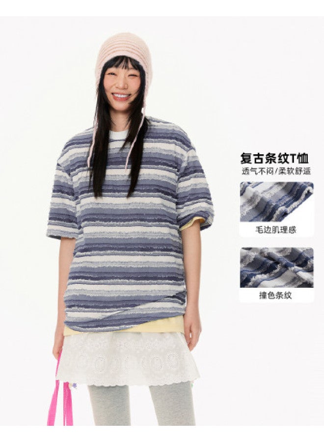 EPTISON retro Frayed-edge Textured Drop-shoulder Comfort Striped Women's Short Sleeve T-shirt - Vibrant Summer Essential - Image 1