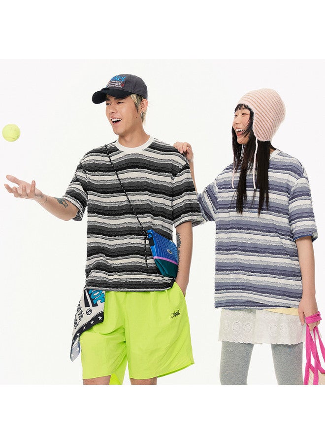 EPTISON retro Frayed-edge Textured Drop-shoulder Comfort Striped Women's Short Sleeve T-shirt - Vibrant Summer Essential - Image 3