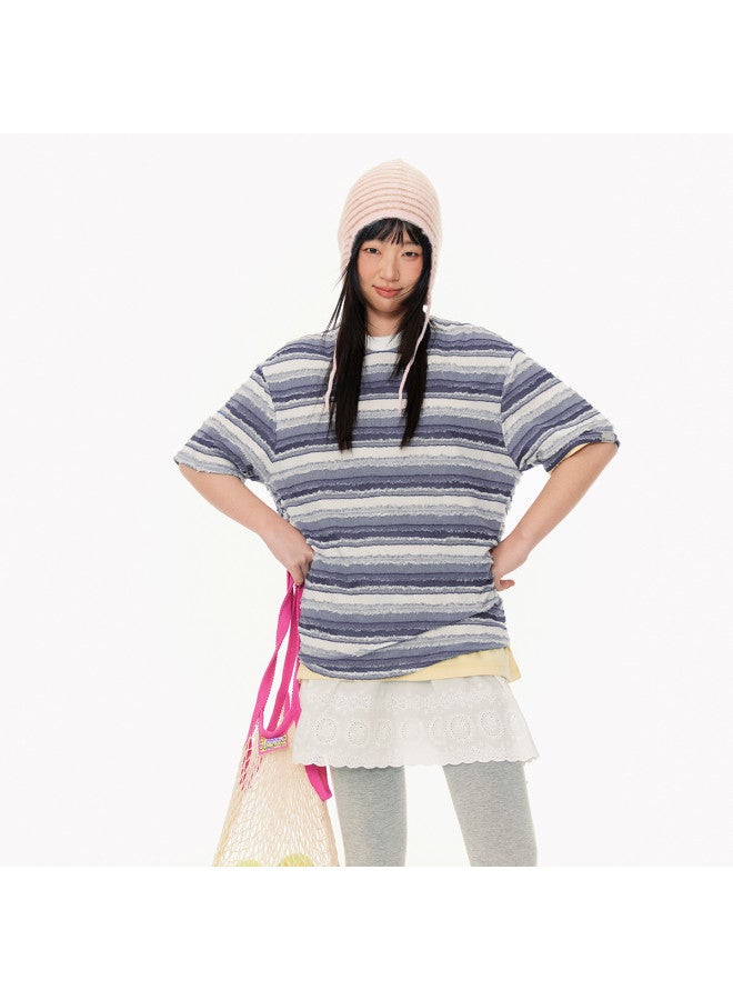 EPTISON retro Frayed-edge Textured Drop-shoulder Comfort Striped Women's Short Sleeve T-shirt - Vibrant Summer Essential - Image 4