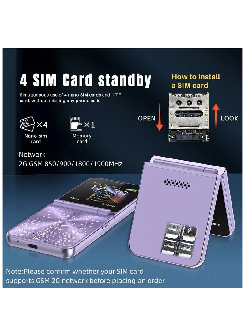 Hope - 4 SIM Card Flip Mobile Phone, 2G GSM Cell Phone with Call Recording, Speed Dial, FM Radio, Magic Voice, Torch, Type-C Charging | 180° Foldable Cellphone for Elderly & Travelers Purple - Image 1