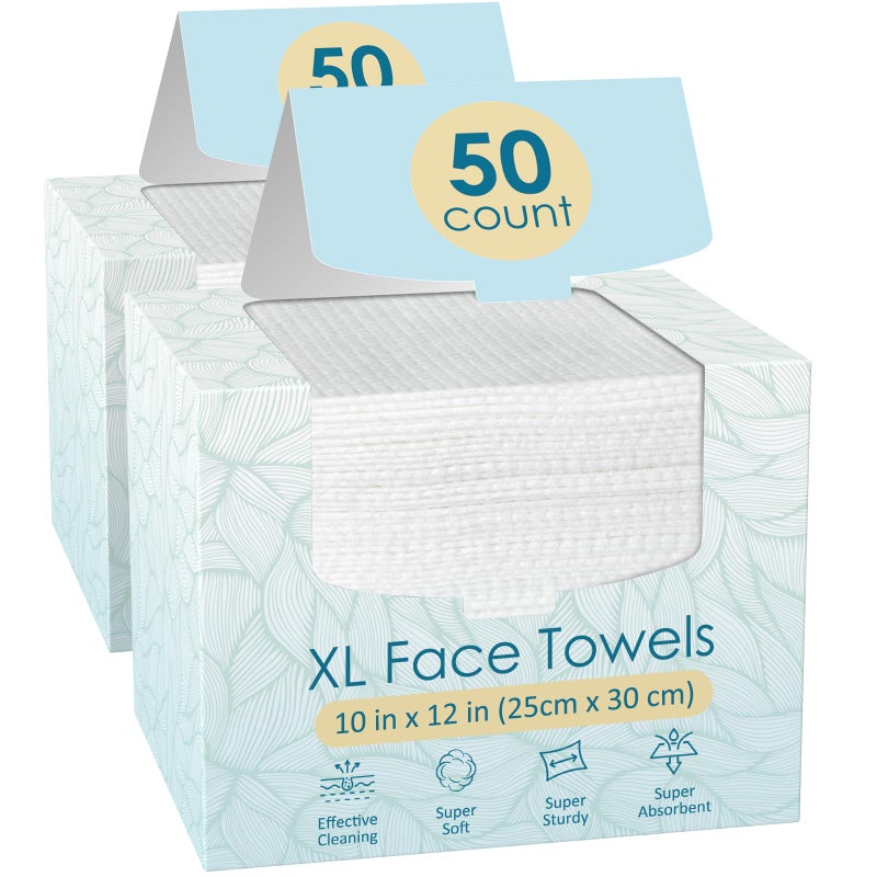 Fygrip 2 Pack of 50 count XL Disposable Face Towels 10â€ x 12â€, 100% Viscose Fibre, Soft & Skin Friendly Face Towelettes Disposable, Facial Tissue Wipes for Women Cleansing - Image 1