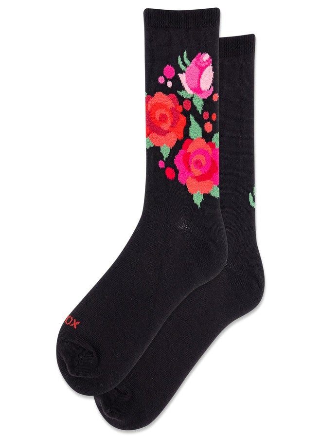 Hot Sox Women's Fuzzy Floral Crew Black Women's 4-10 - Image 1