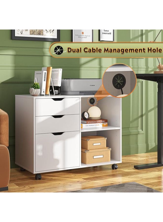 ماركيرو جروب خزانة ملفات خشبية أنيقة بثلاثة أدراج مع أرفف تخزين مفتوحة - حامل جانبي متنقل للملفات والطابعات للمكتب المنزلي، باللون الأبيض. - Image 1