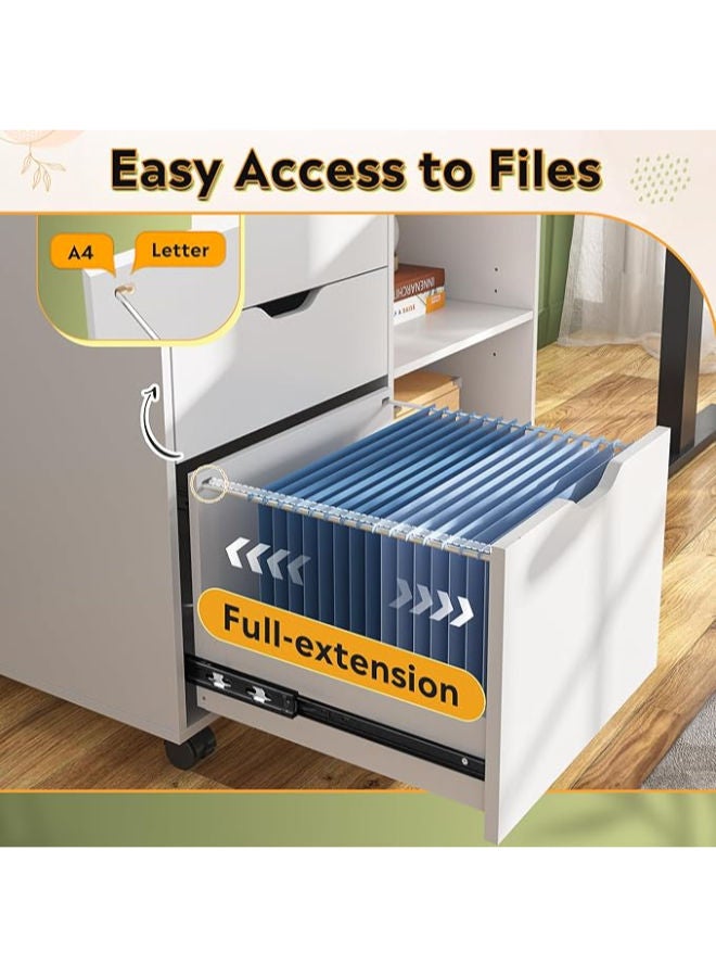 ماركيرو جروب خزانة ملفات خشبية أنيقة بثلاثة أدراج مع أرفف تخزين مفتوحة - حامل جانبي متنقل للملفات والطابعات للمكتب المنزلي، باللون الأبيض. - Image 4