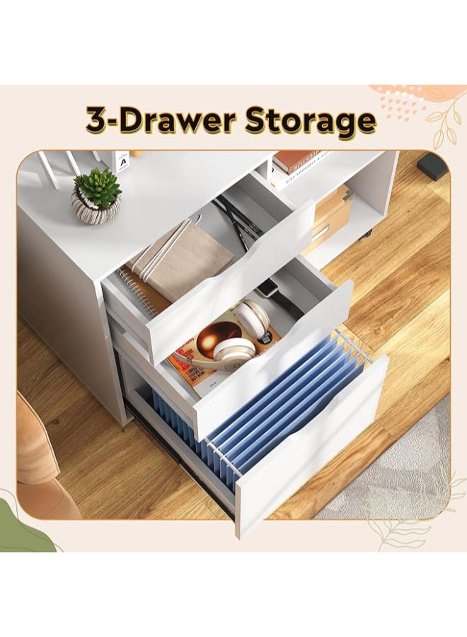 ماركيرو جروب خزانة ملفات خشبية أنيقة بثلاثة أدراج مع أرفف تخزين مفتوحة - حامل جانبي متنقل للملفات والطابعات للمكتب المنزلي، باللون الأبيض. - Image 3